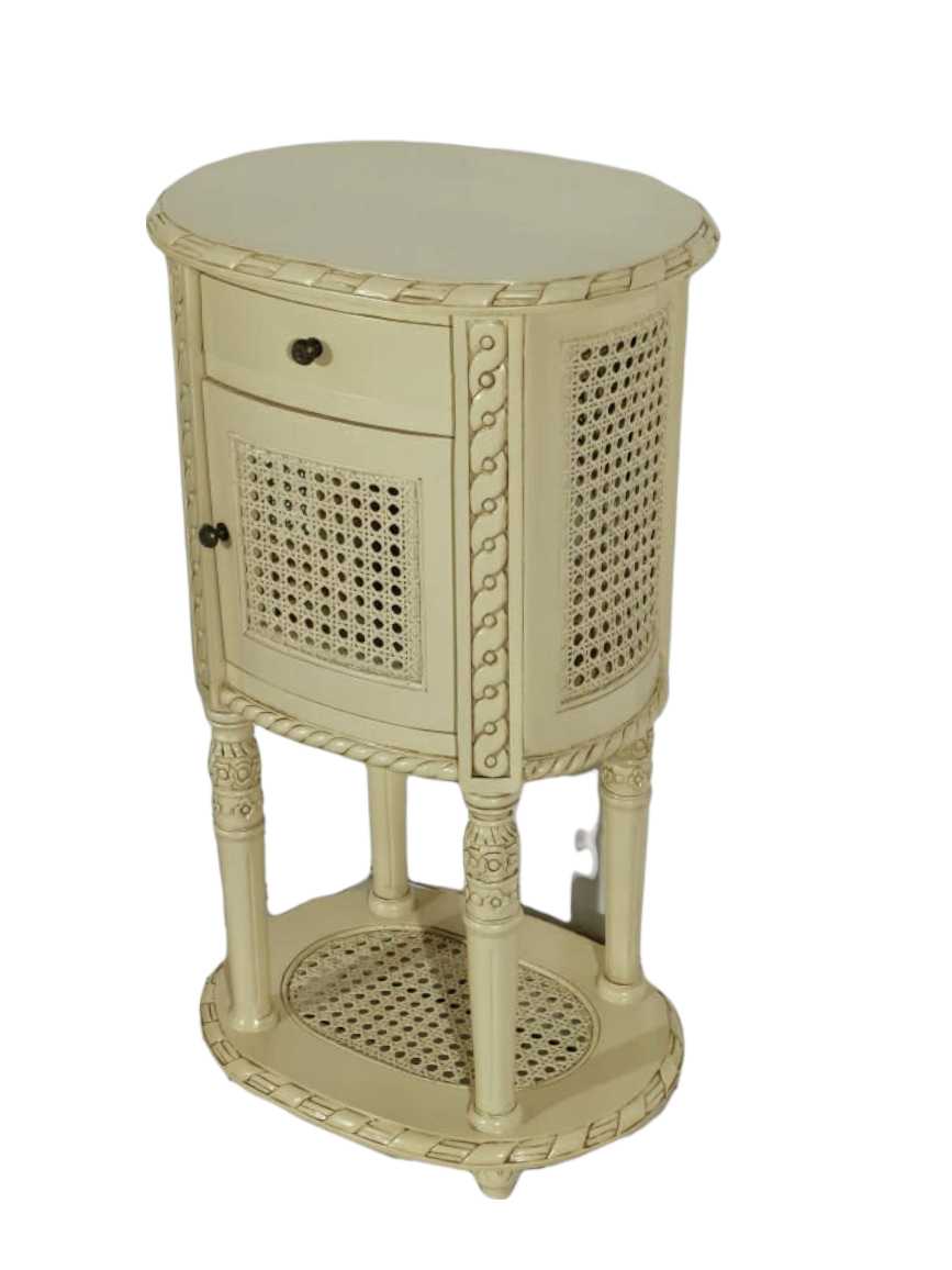 Alex French Round Bedside with Rattan