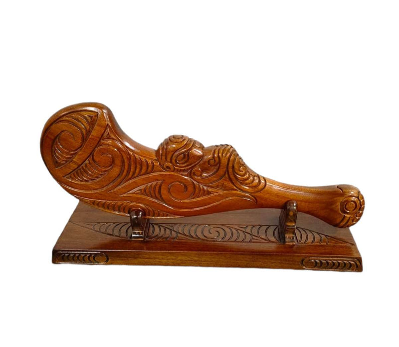 Totara Hand carved Maori Patu on stand