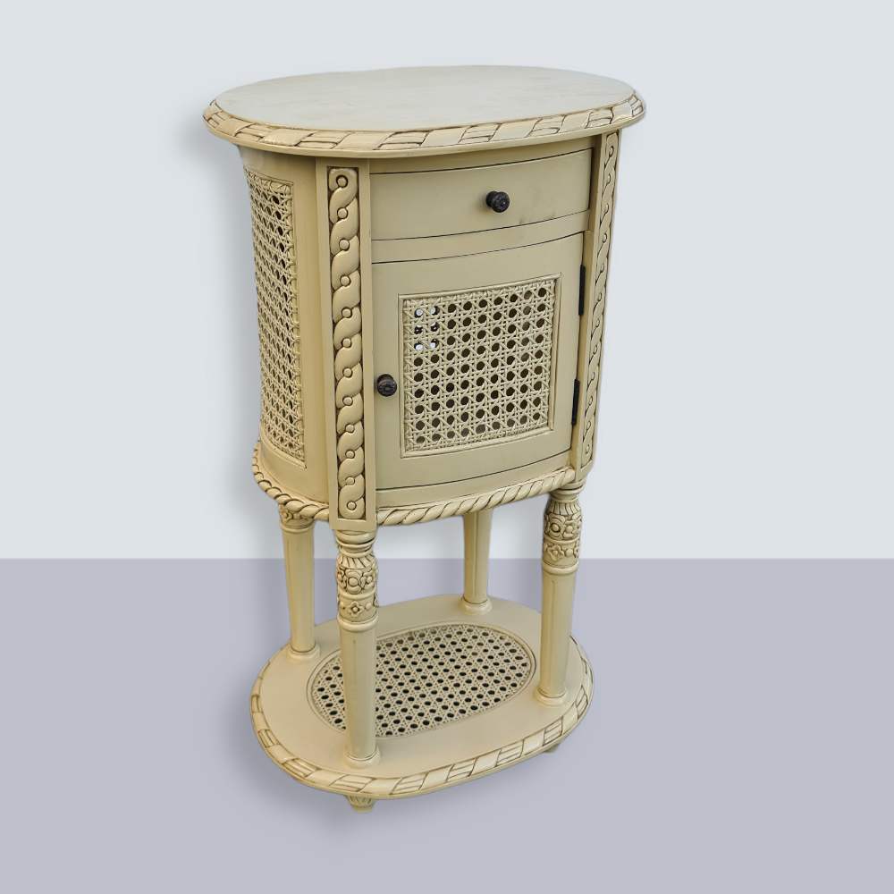 Alex French Round Bedside with Rattan