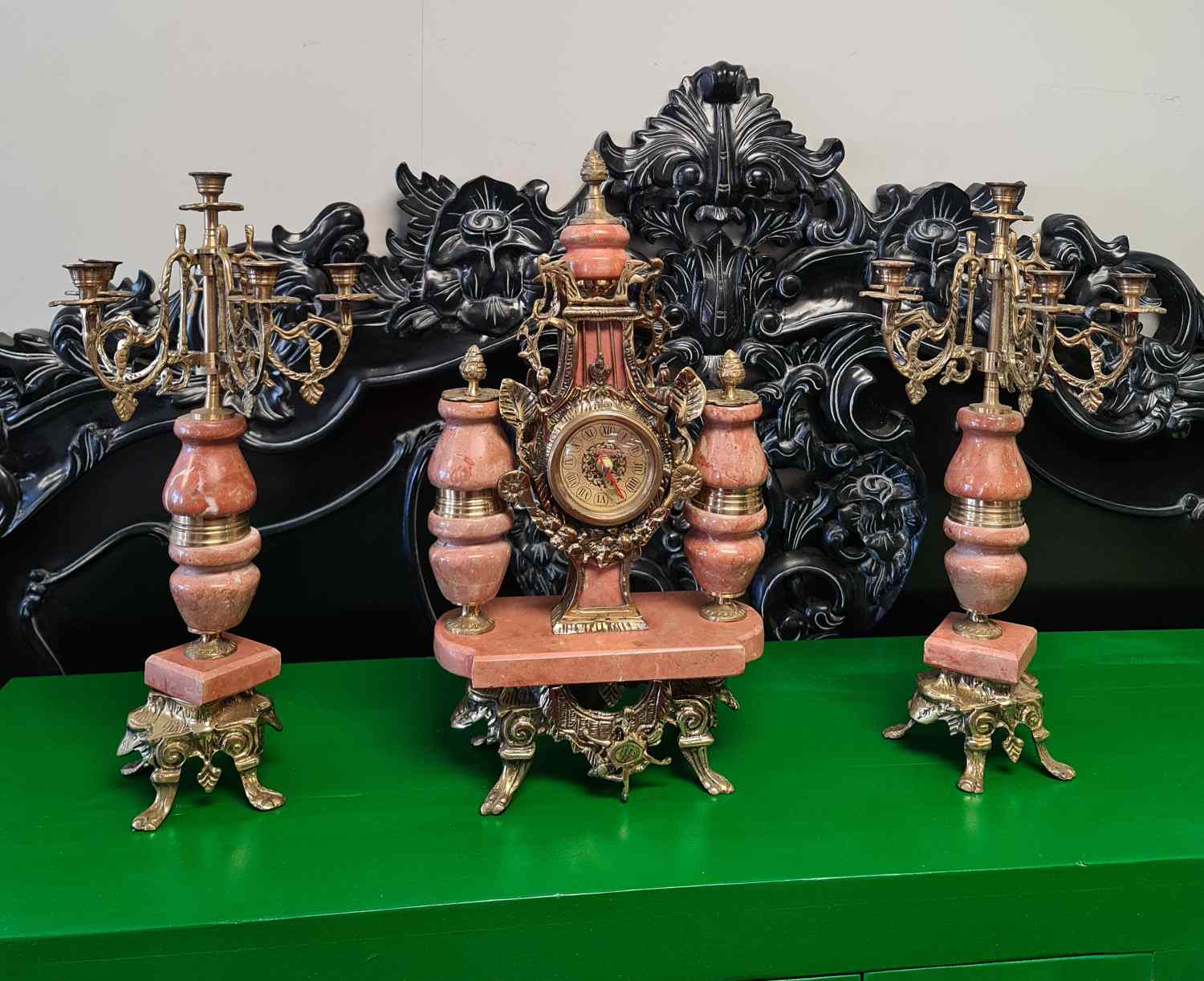 Italian Brass & Marble Clock Garniture